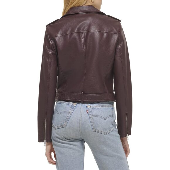 Women's The Classic Faux Leather Moto Jacket Font Zipper Long Sleeve Burgundy - Picture 3 of 5
